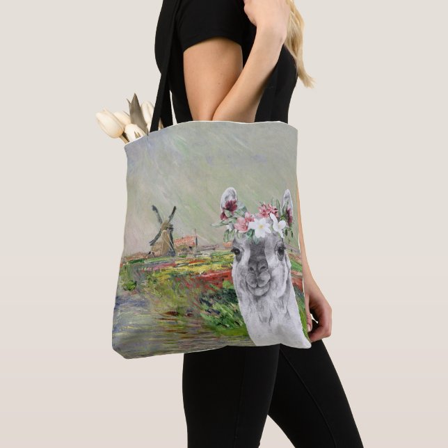 Tote Bag Monet Champ Tulipes et Fancy Llama (De près)