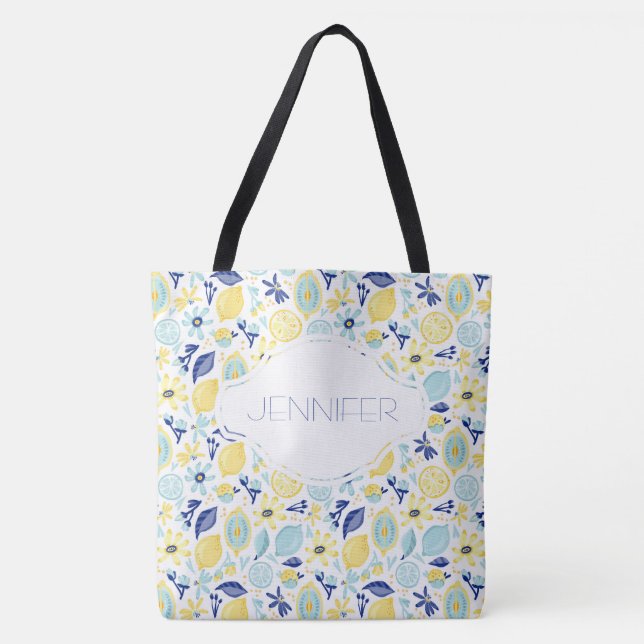 Tote Bag Monnaie de citrons jaune vert et bleu Personnalisé (Devant)