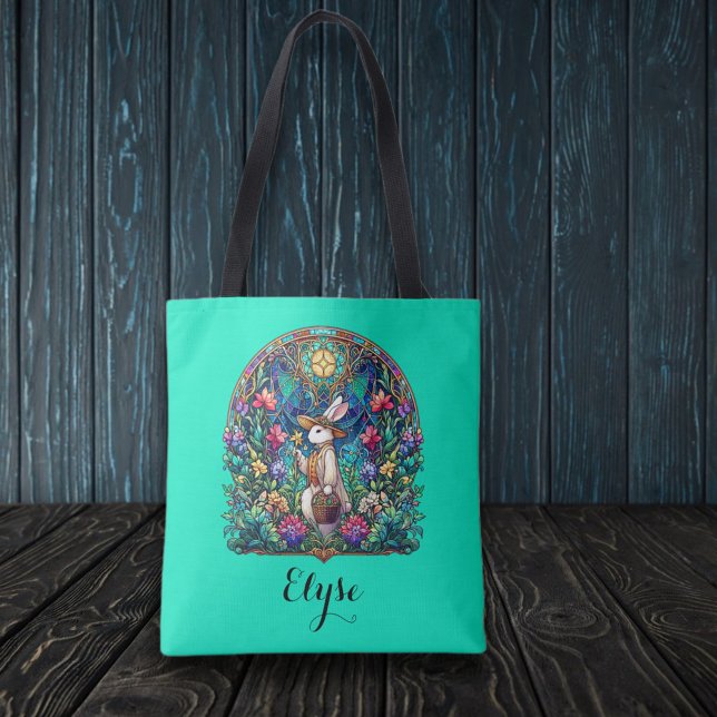 Tote Bag Monnaie Vert Whimsical Vitrail Lapin de Pâques (Créateur téléchargé)