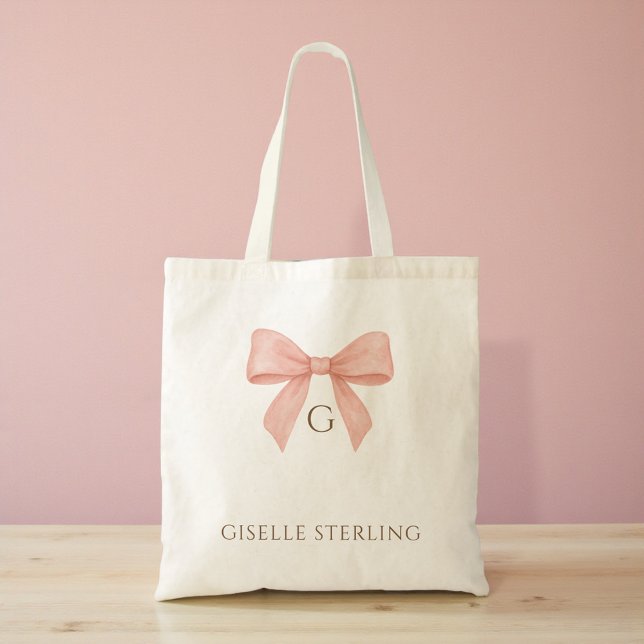 Tote Bag Monogram Blush Pink Bow Watercolor (Créateur téléchargé)