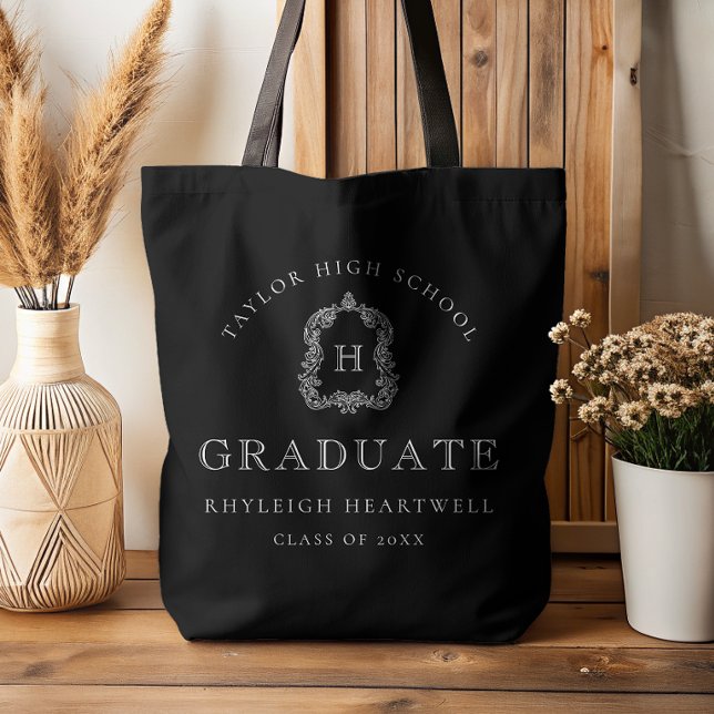 Tote Bag Monogram Crest Black and White Graduation (Créateur téléchargé)