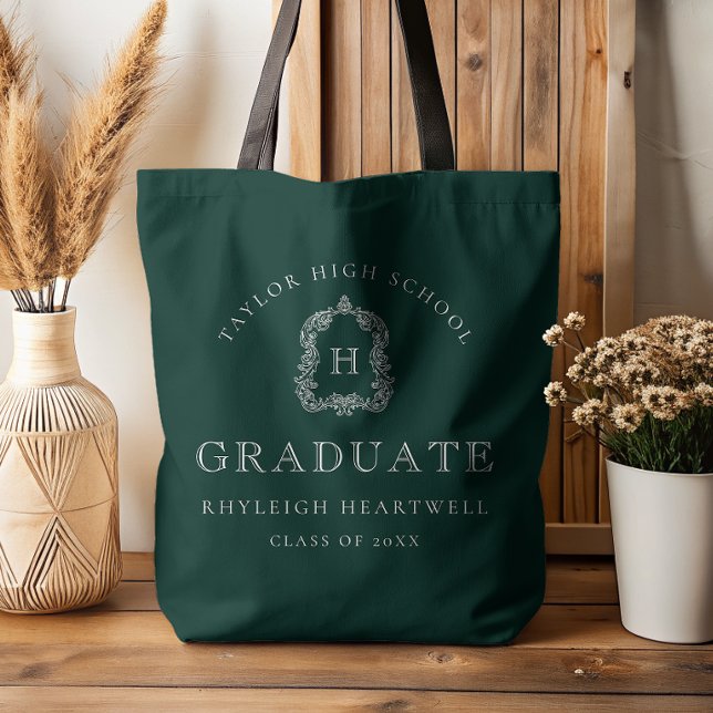 Tote Bag Monogram Crest Dark Green White Graduation (Créateur téléchargé)