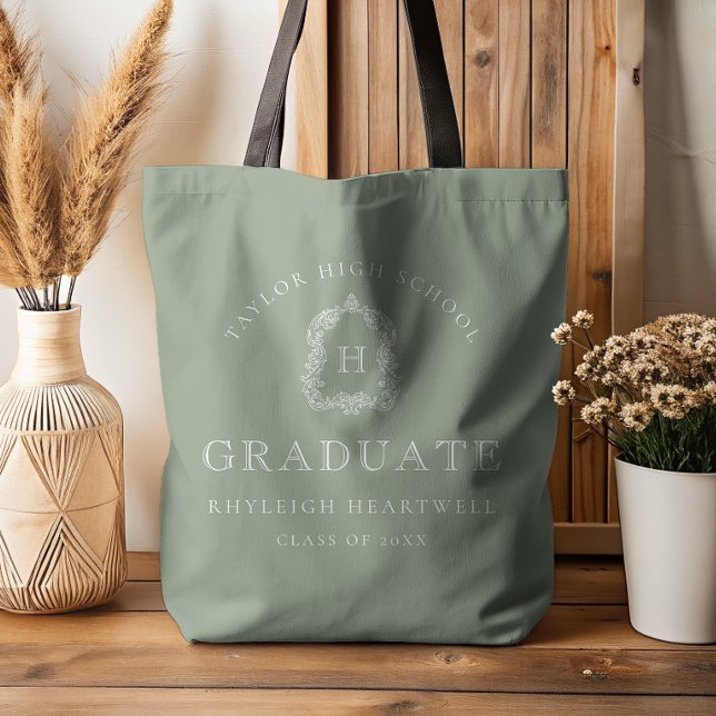 Tote Bag Monogram Crest Sage Green White Graduation (Créateur téléchargé)