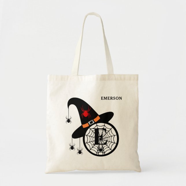 Tote Bag Monogram E Halloween sorcières araignées Votre nom (Devant)