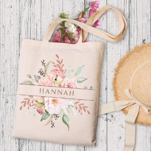 Tote Bag Monogram Élégant Rose Pivoine Floral