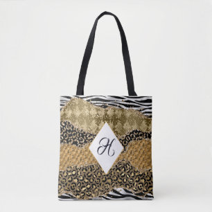Tote Bag Monogram Gold Black Poster de animal Safari Agate