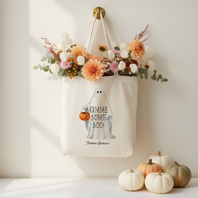 Tote Bag Monogram mignon Halloween Ghost avec Citrouille Pa (Monogram Cute Halloween Ghost with Pumpkin Pail Tote Bag)