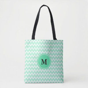 Tote Bag Monogram Mint Green et White Chevron Motif