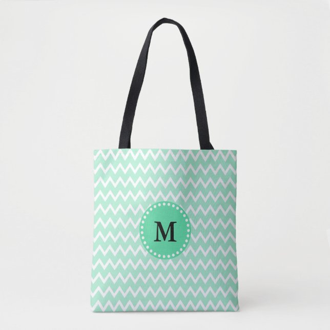 Tote Bag Monogram Mint Green et White Chevron Motif (Devant)