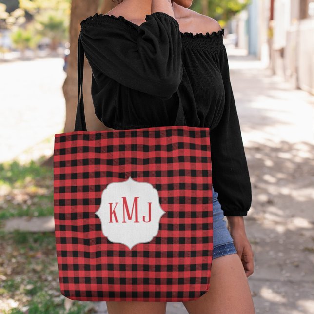 Tote Bag Monogram Red Buffalo Check Custom (Red and black tote bag with monogram. )