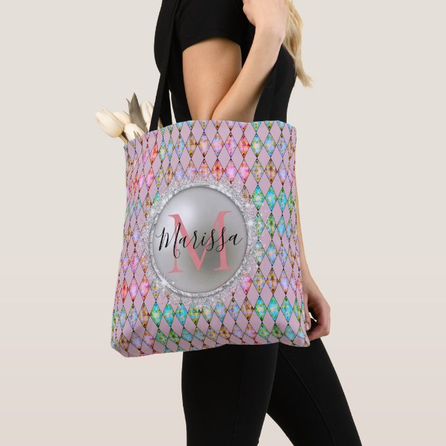 Tote Bag Monogram rose et vert Pastels Arlequin (De près)