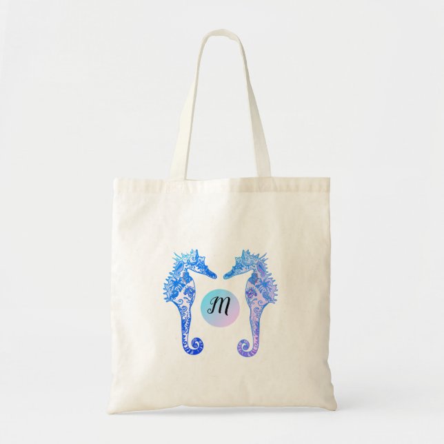 Tote Bag Monogram Seahorses Whimsical Personnalisé Fourre-t (Devant)