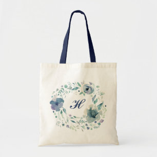 Tote Bag Monogram Watercolor Wreath Dusty Blue Elegant