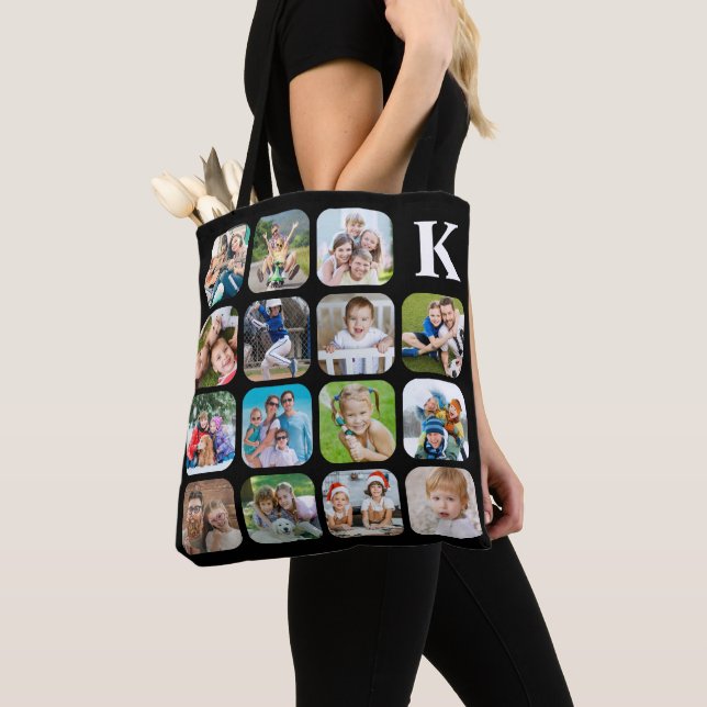 Tote Bag Monogramme 15 arrondi photo collage noir (De près)