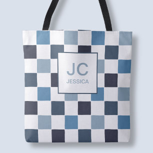 Tote Bag Monogramme à carreaux bleu moderne simple Chic