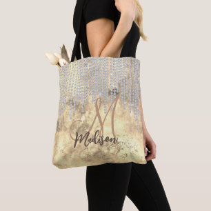 Tote Bag Monogramme à gouttes de rhinestone argent en or ch