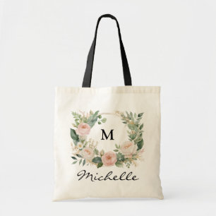 Tote Bag Monogramme à la mode Bourgogne Floral Wreath Nom d
