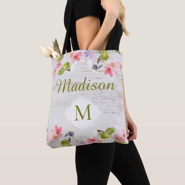 Tote Bag Monogramme à la mode en bois rustique Floral (De près)
