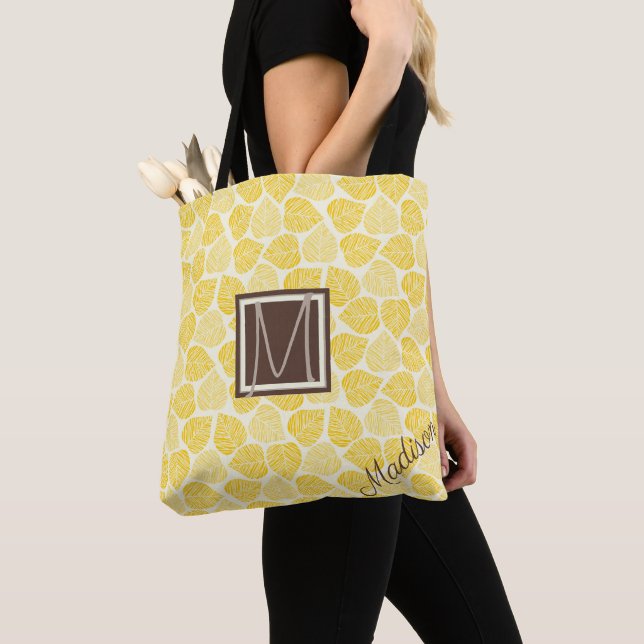 Tote Bag Monogramme à la mode naturelle à feuilles jaunes e (De près)