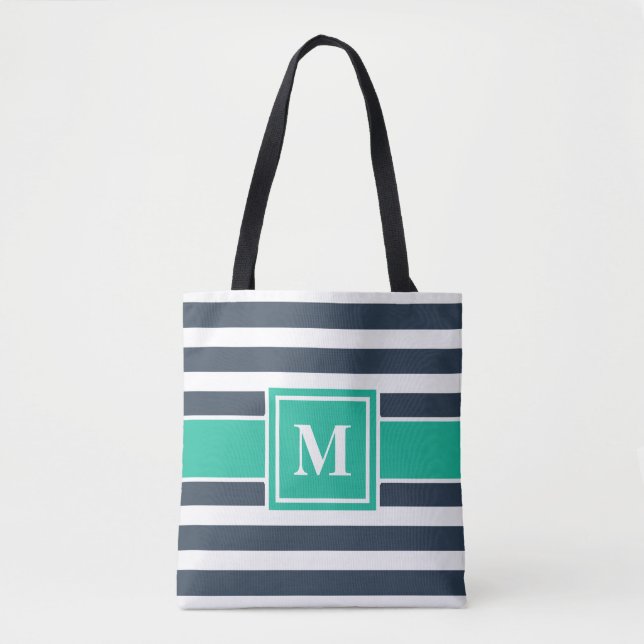 Tote Bag Monogramme à rayures bleues et blanches de la mari (Devant)