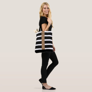 Tote Bag Monogramme à rayures noir et blanc classique Fourr