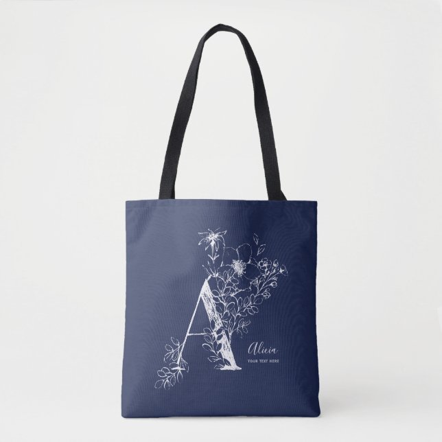 Tote Bag Monogramme A Rustic floral Navy Blue personnalisé  (Devant)