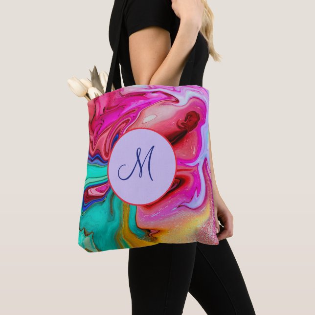 Tote Bag Monogramme Abstrait d'aquarelle bleu moderne rose (De près)