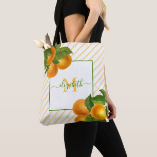 Tote Bag Monogramme agrumes oranges rustiques rayures d'aqu