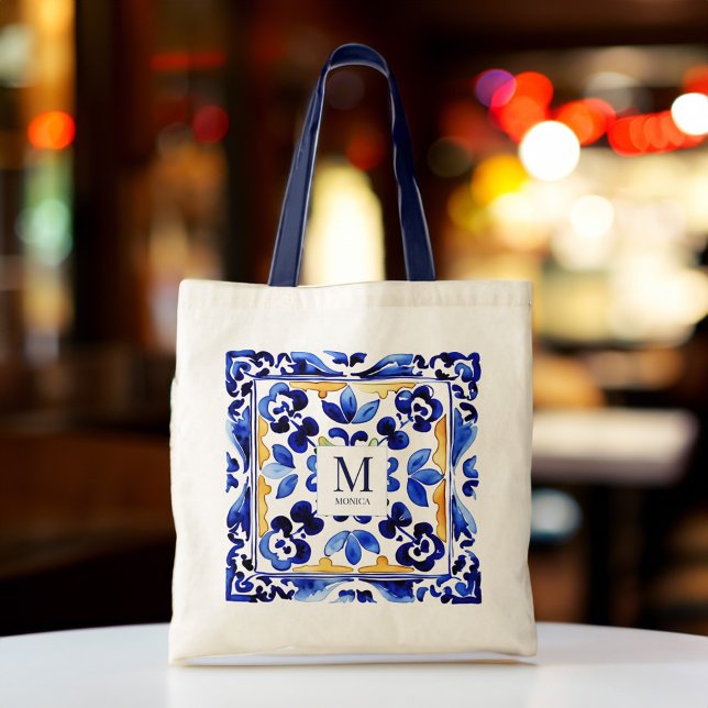 Tote Bag Monogramme Amalfi Vietri Italien carreaux bleus ca (Monogram Amalfi Vietri Italian blue tiles bridesmaid gifts personalized Tote Bag bridal party favors)