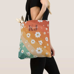 Tote Bag Monogramme Arc-en-ciel Floral Retro Daisy