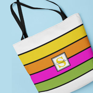 Tote Bag Monogramme aux rayures arc-en-ciel colorées