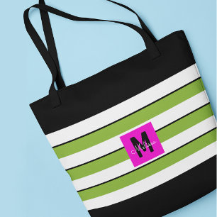 Tote Bag Monogramme aux rayures vertes modernes