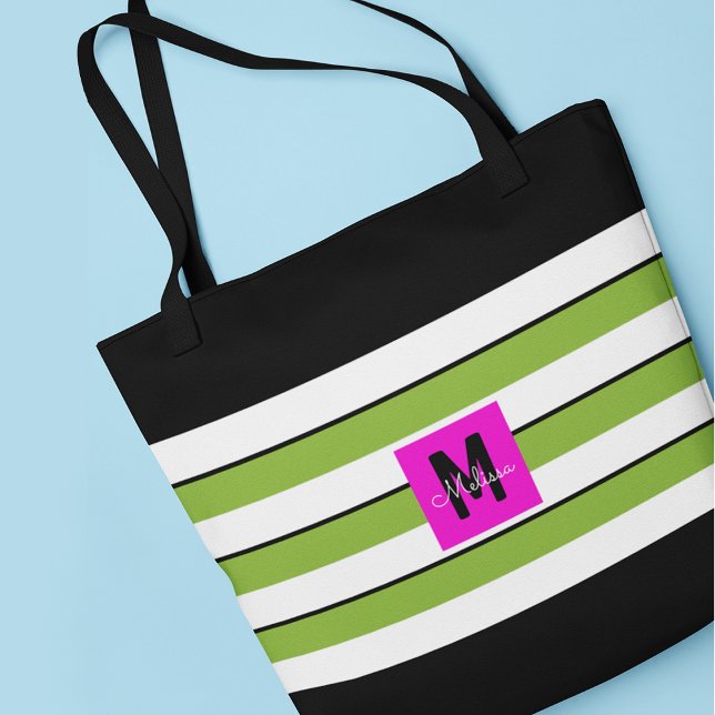 Tote Bag Monogramme aux rayures vertes modernes (Créateur téléchargé)