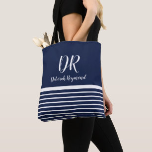 Tote Bag Monogramme Blanc Horizontal Stripes élégant bleu