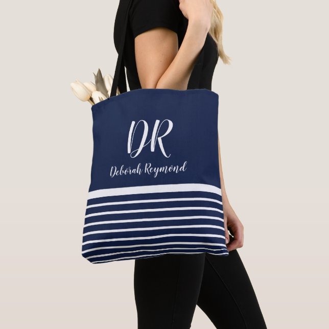 Tote Bag Monogramme Blanc Horizontal Stripes élégant bleu (De près)