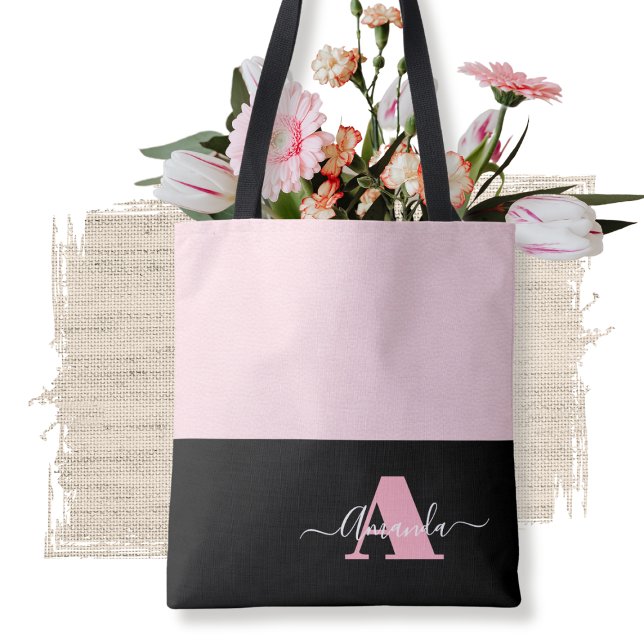 Tote Bag Monogramme blanc noir rose vif Moderne (Créateur téléchargé)