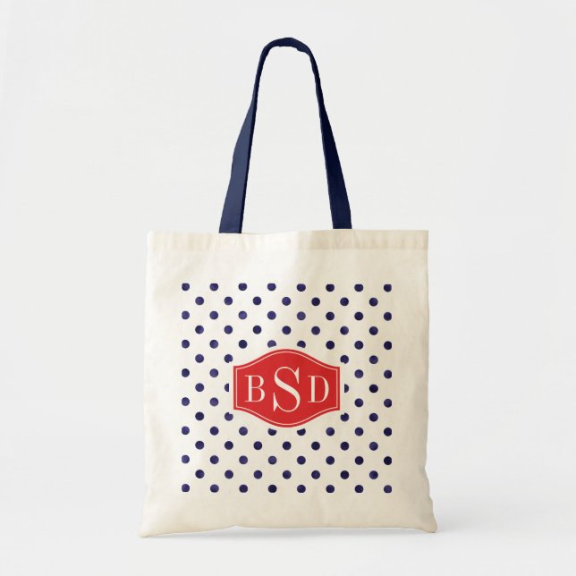 Tote Bag Monogramme bleu et blanc chic de motifs de pois (Devant)