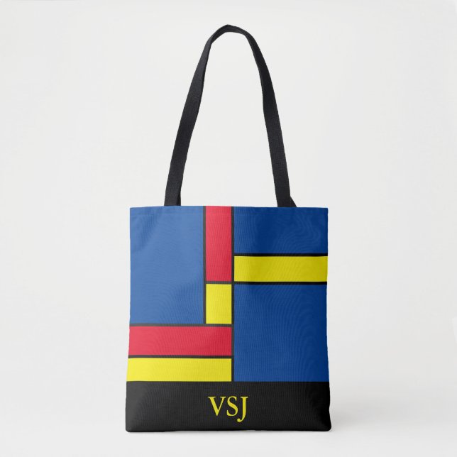 Tote Bag Monogramme bleu et jaune Abstrait (Devant)