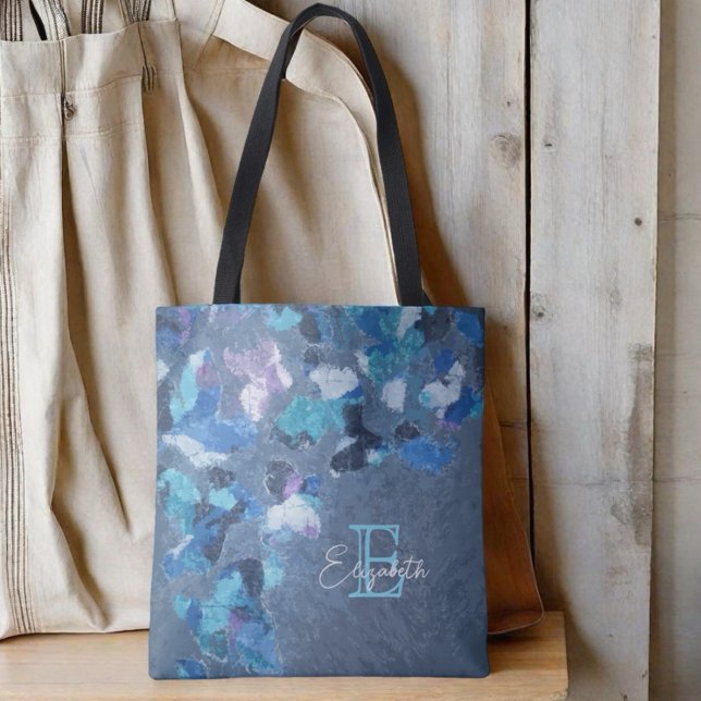 Tote Bag Monogramme bleu marine cyan violet calligraphie te (Créateur téléchargé)