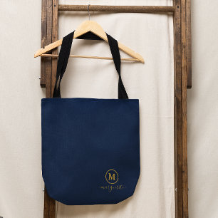 Tote Bag Monogramme bleu marine et or
