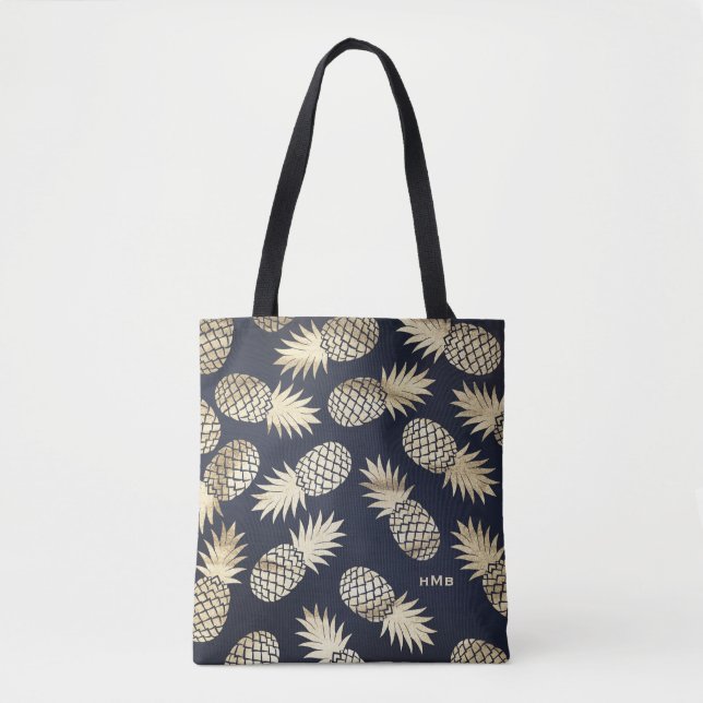 Tote Bag Monogramme bleu Motif d'ananas à huile d'or tropic (Devant)
