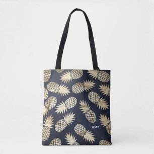 Tote Bag Monogramme bleu Motif d'ananas à huile d'or tropic