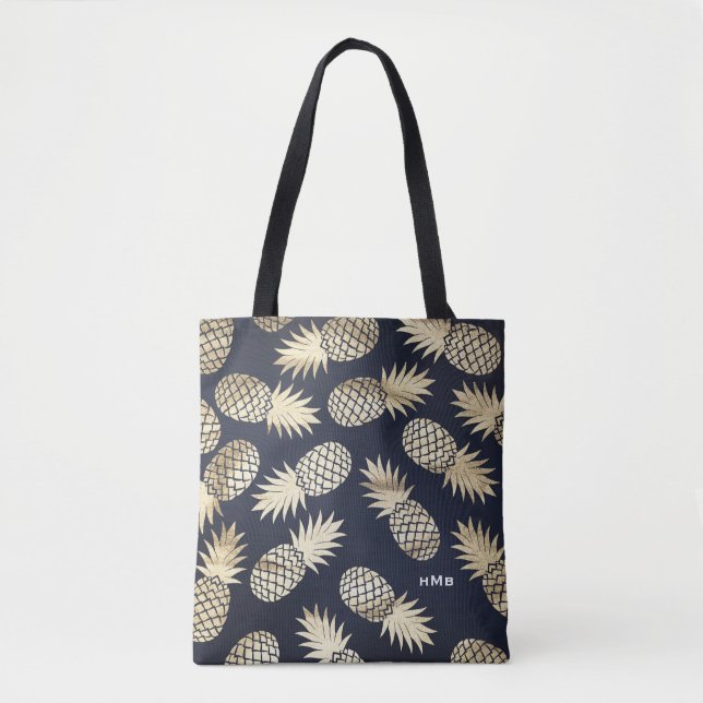Tote Bag Monogramme bleu Motif d'ananas à huile d'or tropic (Devant)