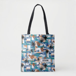 Tote Bag Monogramme bleu Motif Tropical Moderne
