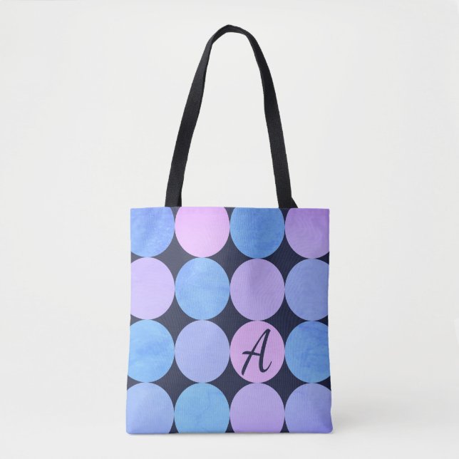 Tote Bag Monogramme bleu pourpre et rose des cercles (Devant)
