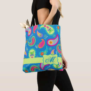 Tote Bag Monogramme bleu Turquoise moderne Paisley Personna