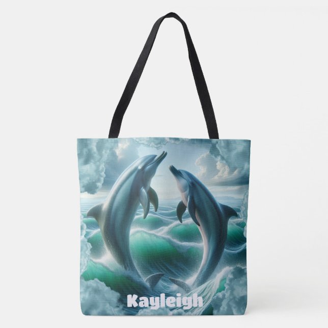 Tote Bag Monogramme Blue Dolphins Turquoises Océan | (Devant)