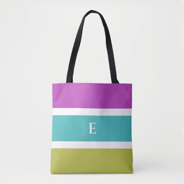 Tote Bag Monogramme brillant rayé rose bleu vert motif (Devant)