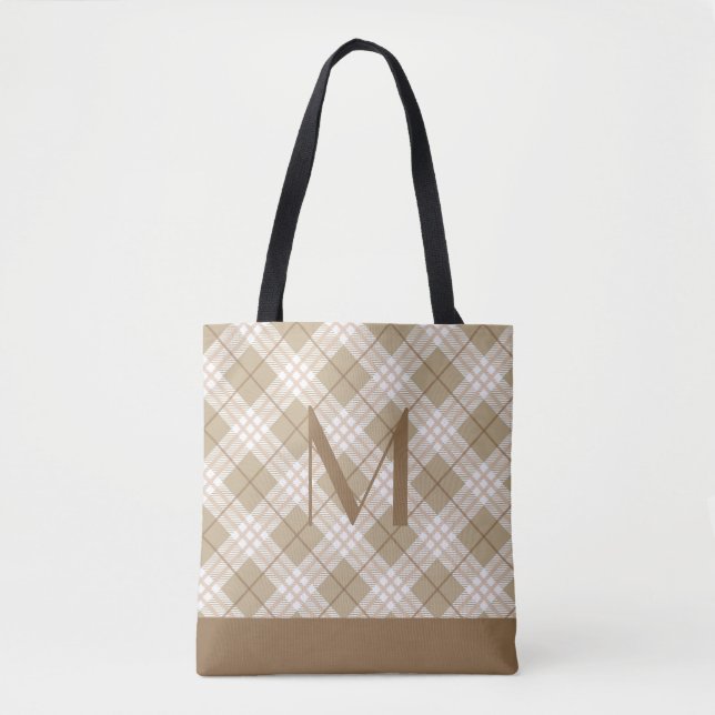Tote Bag Monogramme Brown Tan Beige Tartan Buffalo Plaid (Devant)