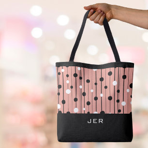 Tote Bag Monogramme Cercles Abstraits Lignes Noir Blanc Ros